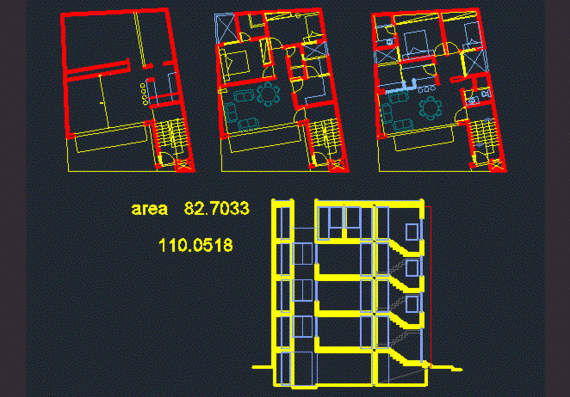 Apartment building design with drawings and projections