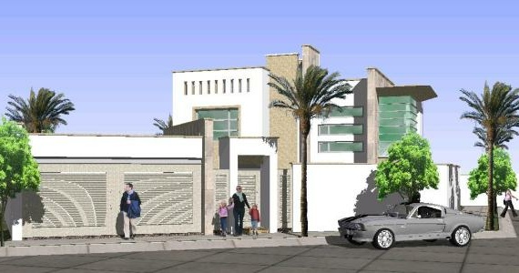 Project of a modern house with facades, cars and people