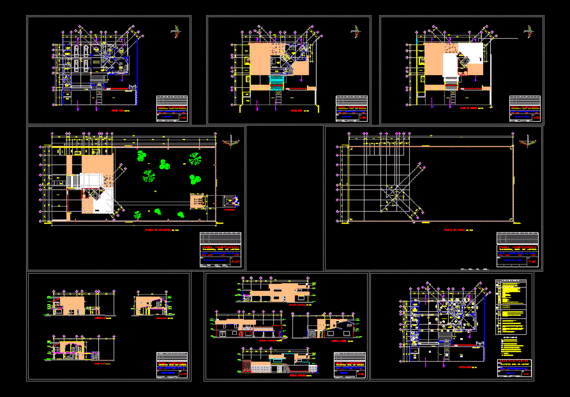 Diagrams and facades of a room in a two-story building