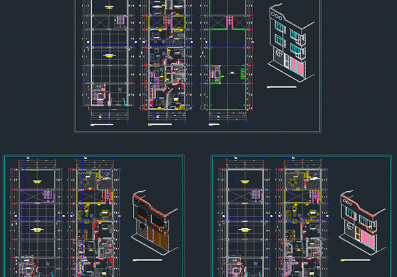 Residential building design with architectural drawings and isometrics