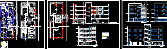 Четырехэтажное здание в трех проекциях с террасой и гаражом