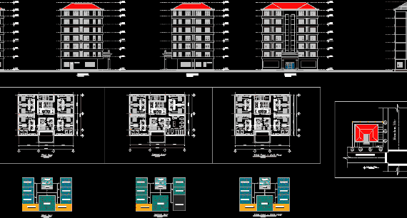 Открытые этажные планы гостиницы с зонированием проекциями и разрезами