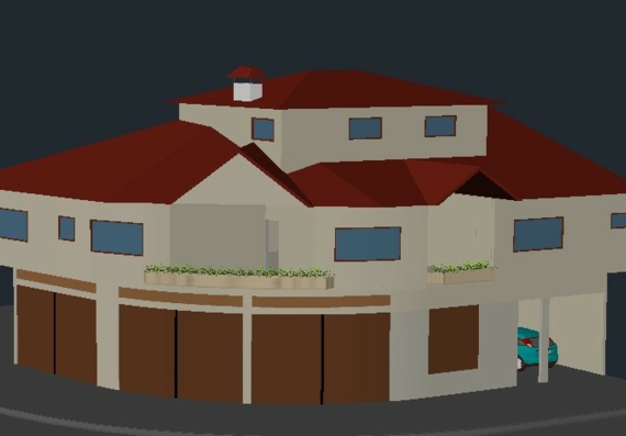 3D model of residential building with garage and studio