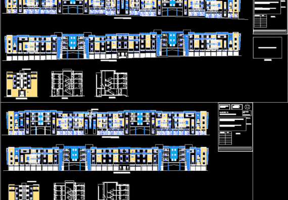 Архитектурный план здания с проекциями и фасадом