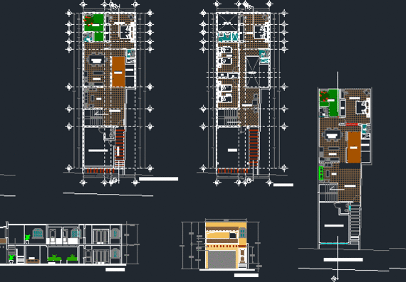 Facade and architectural plans of houses
