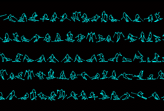 Silhouettes of people skiing