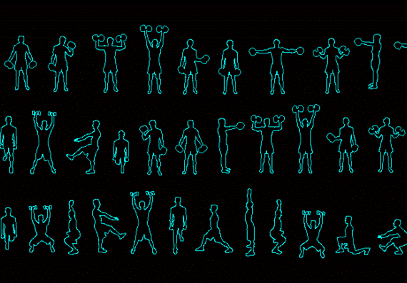 Human silhouettes, dumbbells and weights