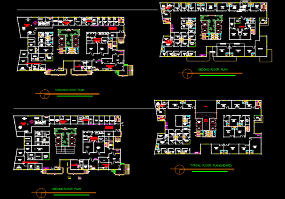 Plan, sections, facades of a specialized hospital