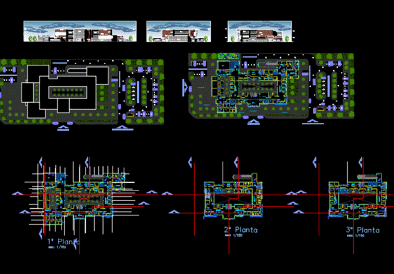 Архитектурный чертеж больницы с комплексными и подробными чертежами