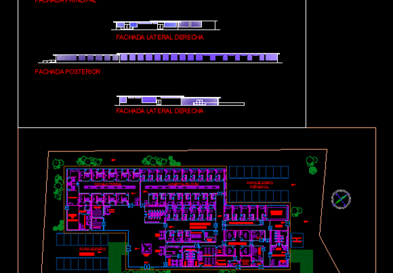 План фундамента изображения 4 фасадов одноэтажной больницы общего профиля включает в себя разрезы и прямые линии