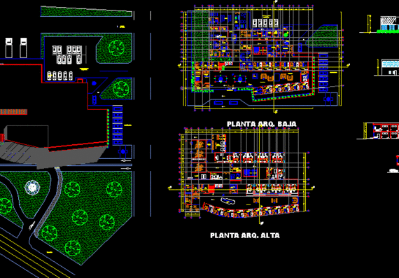 Архитектурные и групповые плоскости больницы с сечениями и проекциями