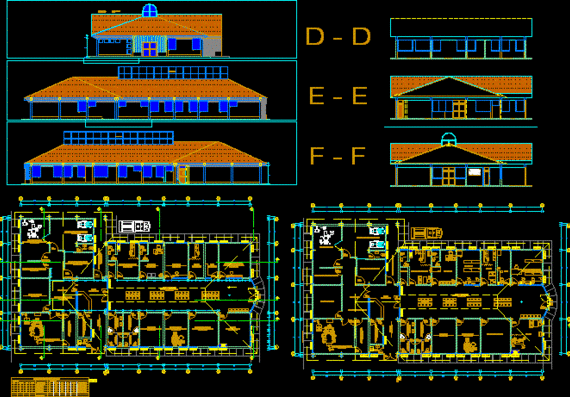 Hospital drawing with planes, sections and projections