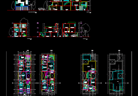 Drawings and projections of a three-storey apartment building