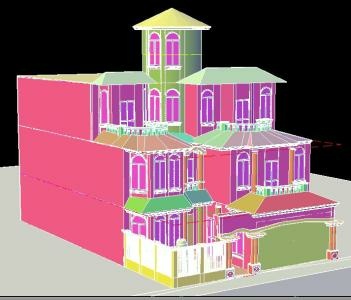 Модель трехэтажного дома с фонтаном и балконами