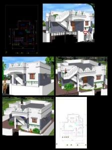 2D and 3D plans for a 3-storey residential building