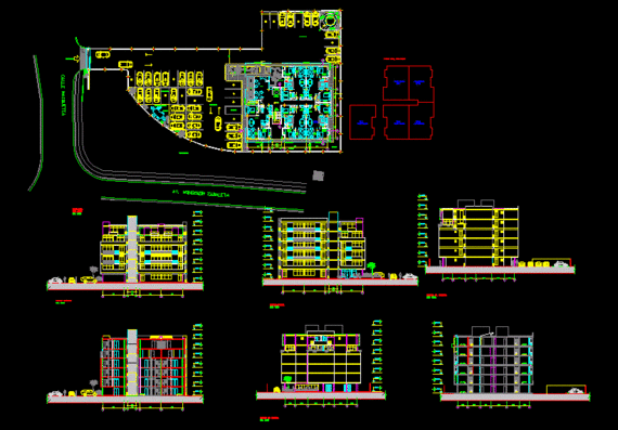 Architectural plan of 6-storey apartment building with drawings