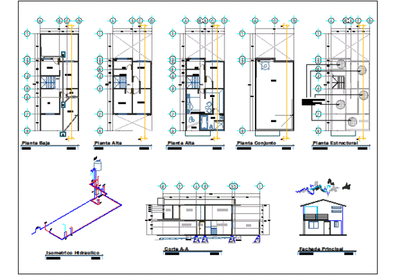 Architectural and floor plans of a residential building
