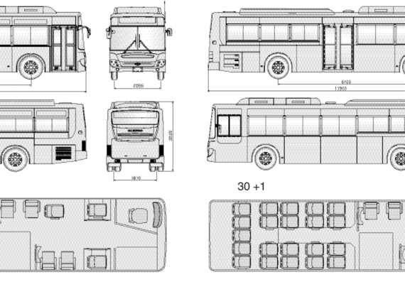 Автобус Daewoo BC211N 212CN - чертежи, габариты, рисунки автомобиля