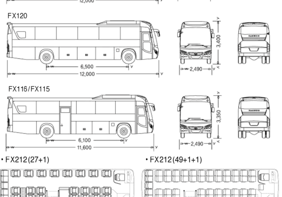Автобус Daewoo FX212 FX120 FX116 - чертежи, габариты, рисунки автомобиля