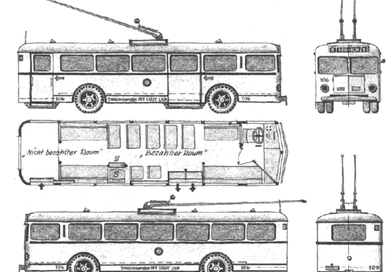 Автобус Henschel Obus Ulm (1946) - чертежи, габариты, рисунки автомобиля