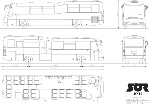 Автобус SOR BN 10 - чертежи, габариты, рисунки автомобиля