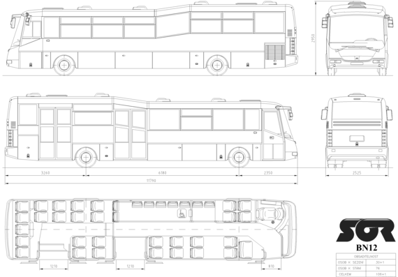 Автобус SOR BN 12 (3 doors) - чертежи, габариты, рисунки автомобиля