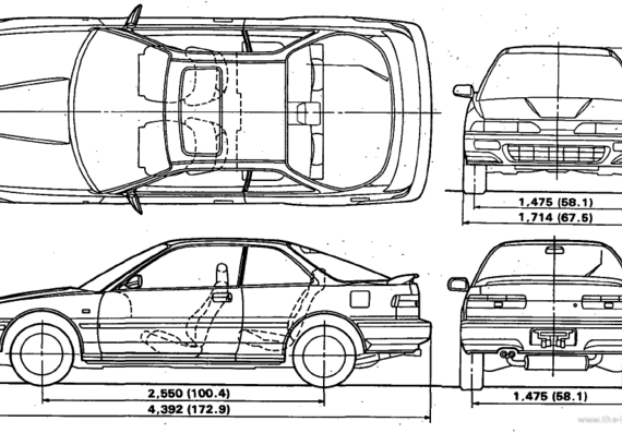 Acura Integra RS Coupe (1990) - Акура - чертежи, габариты, рисунки автомобиля
