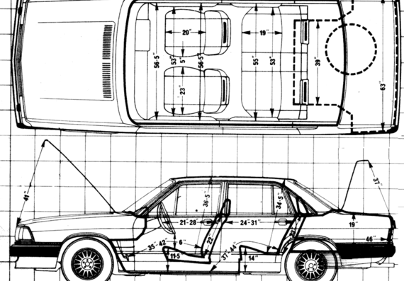 Audi 200 5E (1981) - Ауди - чертежи, габариты, рисунки автомобиля