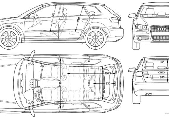 Audi A3 Sportback (2004) - Ауди - чертежи, габариты, рисунки автомобиля