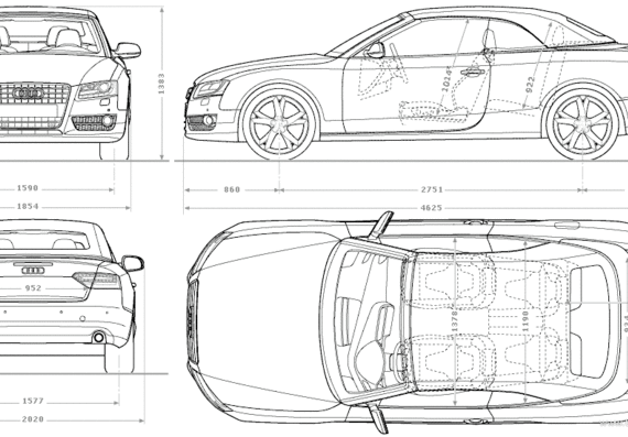 Audi A5 Cabriolet (Convertible) (2009) - Ауди - чертежи, габариты, рисунки автомобиля