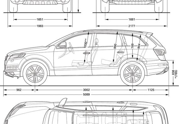 Audi Q7 (2010) - Ауди - чертежи, габариты, рисунки автомобиля