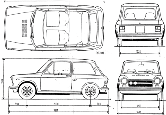Autobianchi A112 Abarth (1971) - Автобиначи - чертежи, габариты, рисунки автомобиля