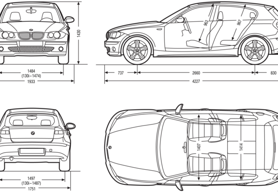 BMW 1-Series 5-Door (E87) (2007) - БМВ - чертежи, габариты, рисунки автомобиля