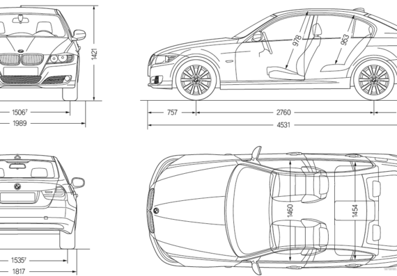 BMW 3-Series Facelift (E90) (2008) - БМВ - чертежи, габариты, рисунки автомобиля