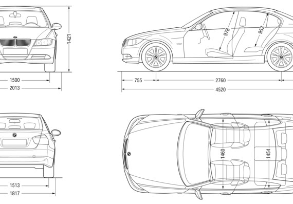 BMW 3-Series Sedan (E90) (2007) - БМВ - чертежи, габариты, рисунки автомобиля