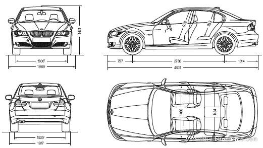 BMW 3-Series Sedan (E90) (2008) - БМВ - чертежи, габариты, рисунки автомобиля