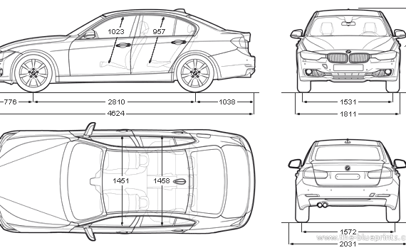 BMW 3-Series Sedan F30 (2012) - БМВ - чертежи, габариты, рисунки автомобиля