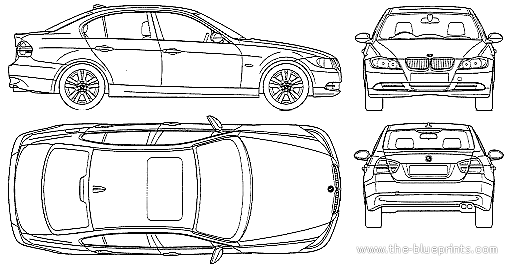 BMW 320i Saloon (E90) (2005) - БМВ - чертежи, габариты, рисунки автомобиля