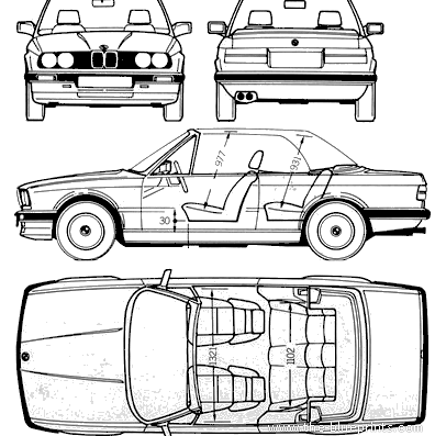 BMW 325 Cabriolet (E30) (1988) - БМВ - чертежи, габариты, рисунки автомобиля