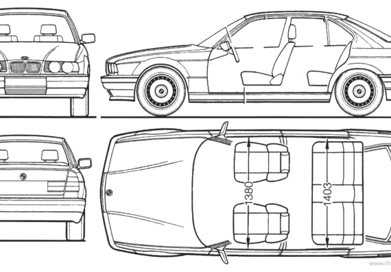BMW 5-Series Sedan (E34) - БМВ - чертежи, габариты, рисунки автомобиля