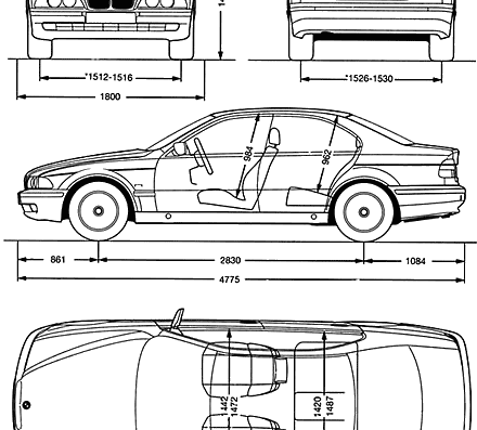 BMW 5-Series Sedan (E39) - БМВ - чертежи, габариты, рисунки автомобиля
