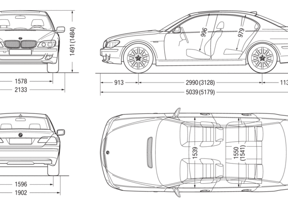 BMW 7-Series Sedan (E65) (2007) - БМВ - чертежи, габариты, рисунки автомобиля