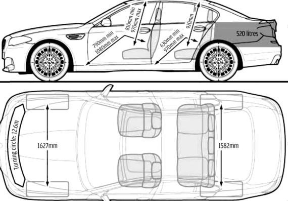 BMW M5 (F10) (2012) - БМВ - чертежи, габариты, рисунки автомобиля
