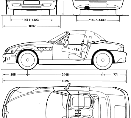 BMW Z3 (E37) - БМВ - чертежи, габариты, рисунки автомобиля