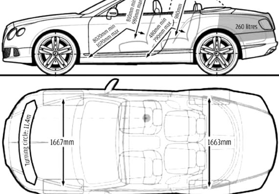 Bentley Continental GTC V8 (2012) - Бентли - чертежи, габариты, рисунки автомобиля