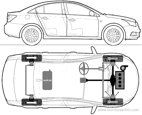 Chevrolet Cruze (2012) - Шевроле - чертежи, габариты, рисунки автомобиля