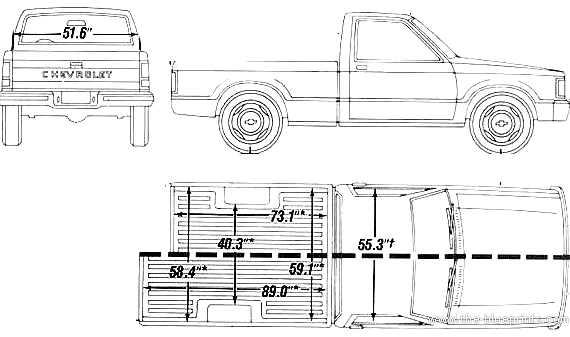 Chevrolet S10 Short Bed (1990) - Шевроле - чертежи, габариты, рисунки автомобиля