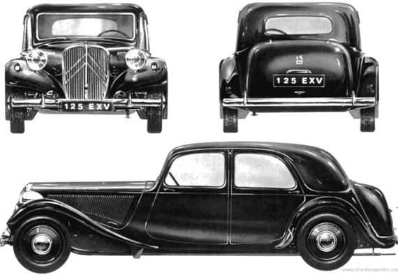 Citroen 15CV Traction Avante (6H Saloon) (1955) - Ситроен - чертежи, габариты, рисунки автомобиля