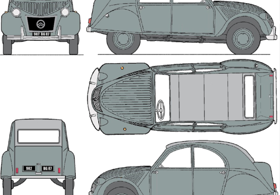 Citroen 2CV (1955) - Ситроен - чертежи, габариты, рисунки автомобиля