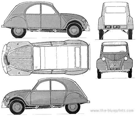 Citroen 2CV (1960) - Ситроен - чертежи, габариты, рисунки автомобиля